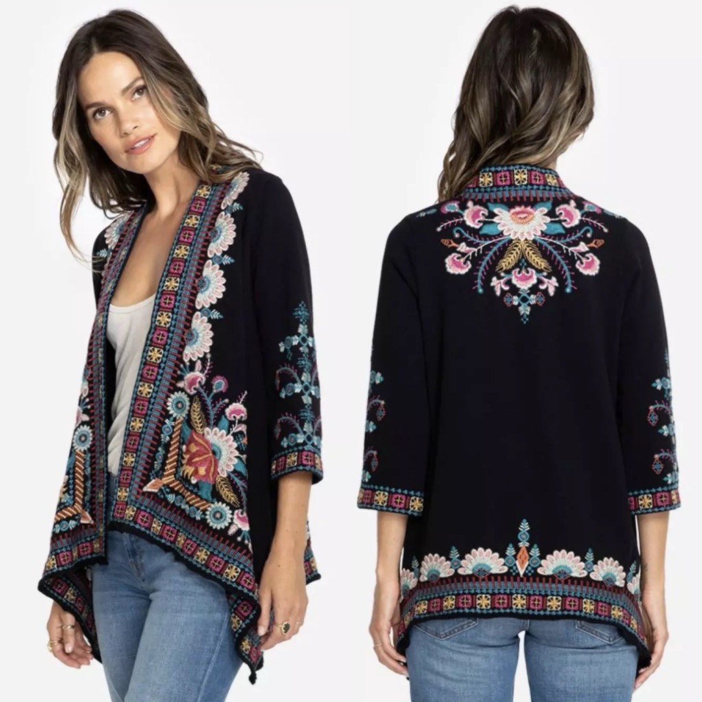 Johnny Was Delphine Embroidered Draped Cardigan In Black